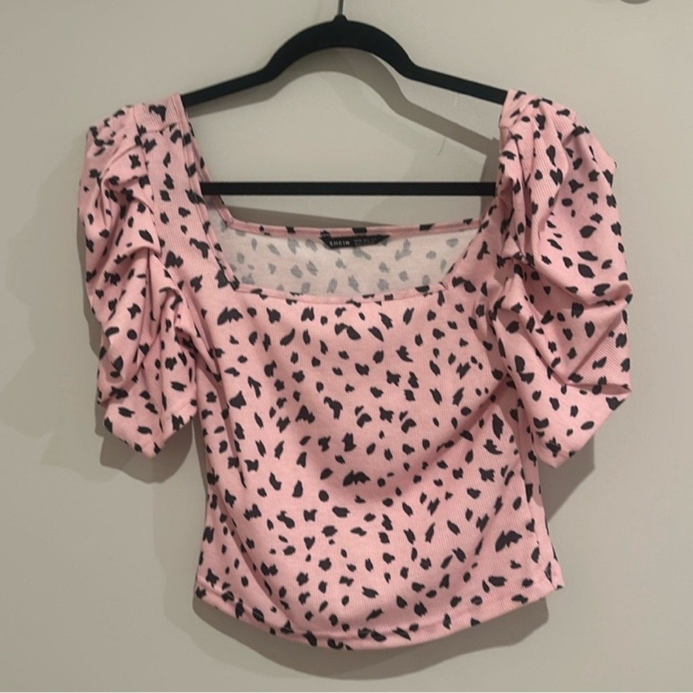 SHEIN Pink and Black Patterned Crop Top